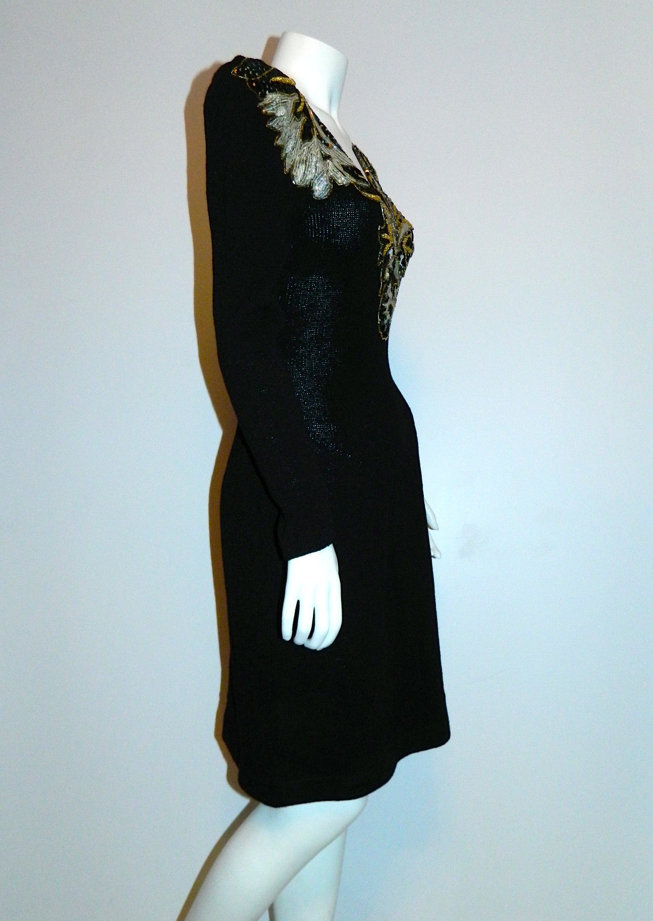 1980s GLAM black dress vintage Pat Sandler Wellmore sequin front knit dress