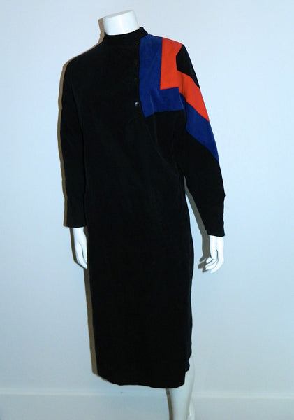 vintage 1980s Gerard Darel dress / black corduroy color block sheath dress / abstract XS