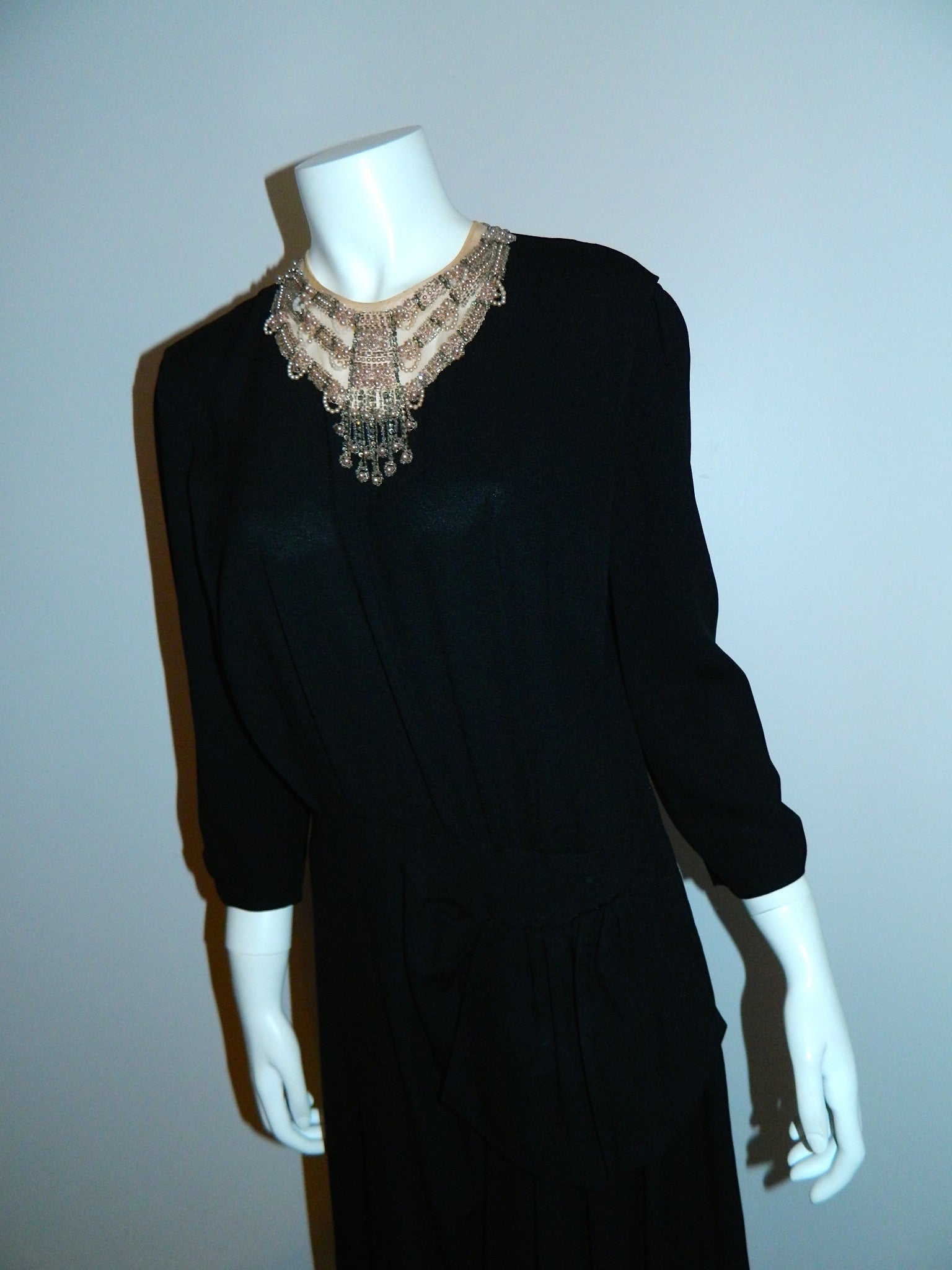 vintage 1930s black crepe dress / Art Deco beaded neckline / rayon crepe cocktail dress M - L
