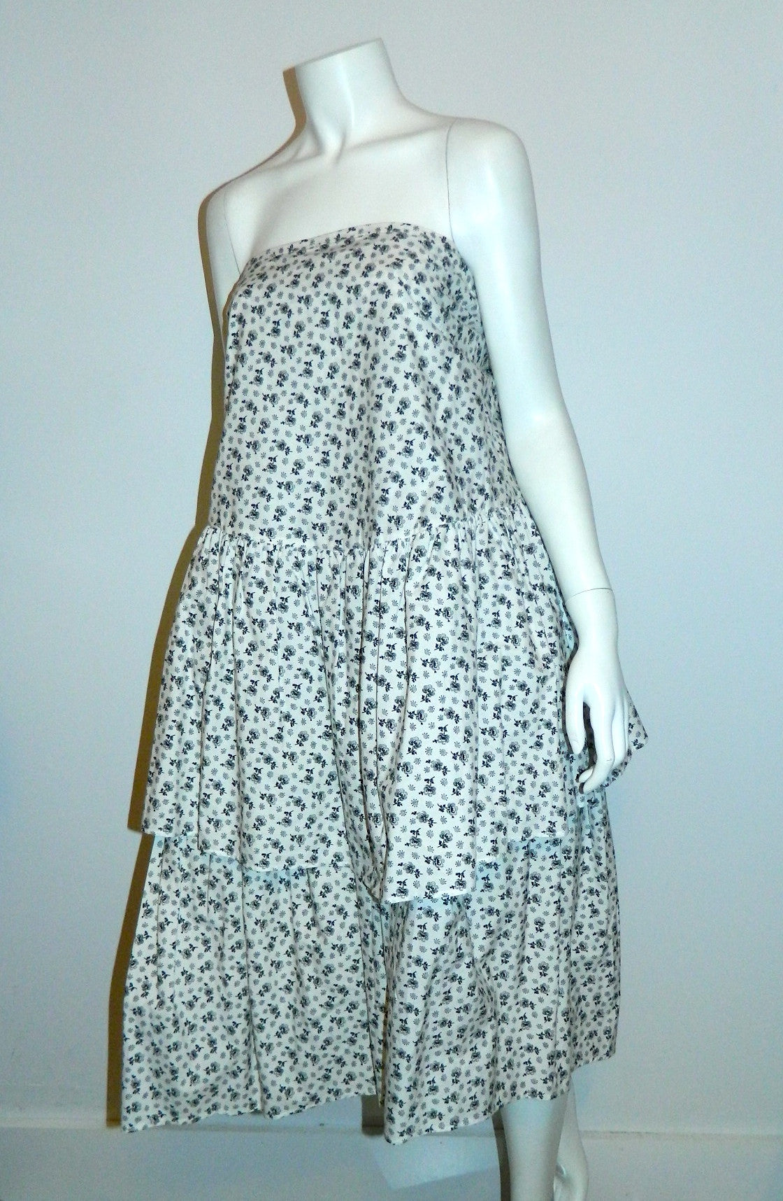 vintage white cotton KENZO floral print tiered skirt / 1980s strapless dress 40 / US Medium