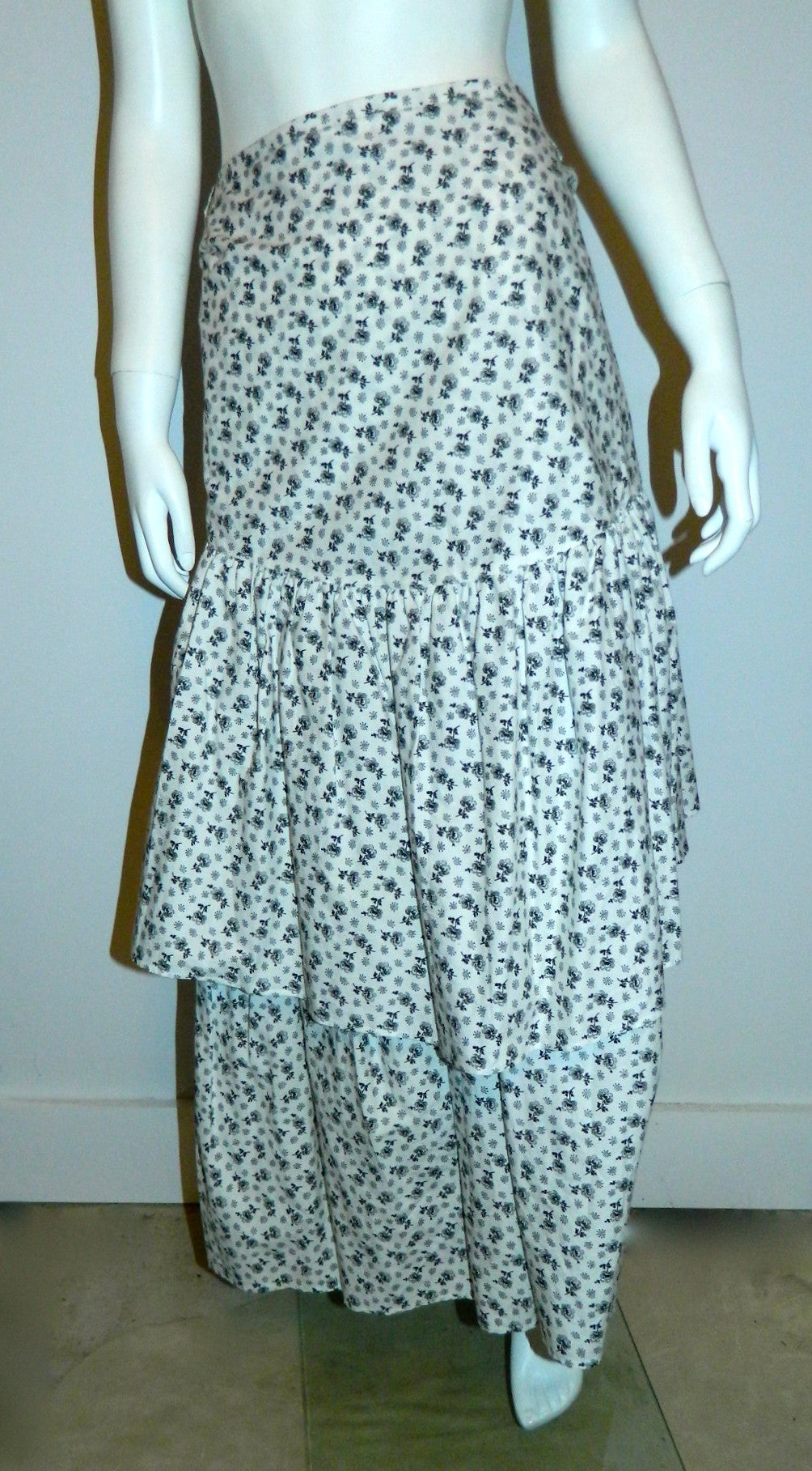 vintage white cotton KENZO floral print tiered skirt / 1980s strapless dress 40 / US Medium