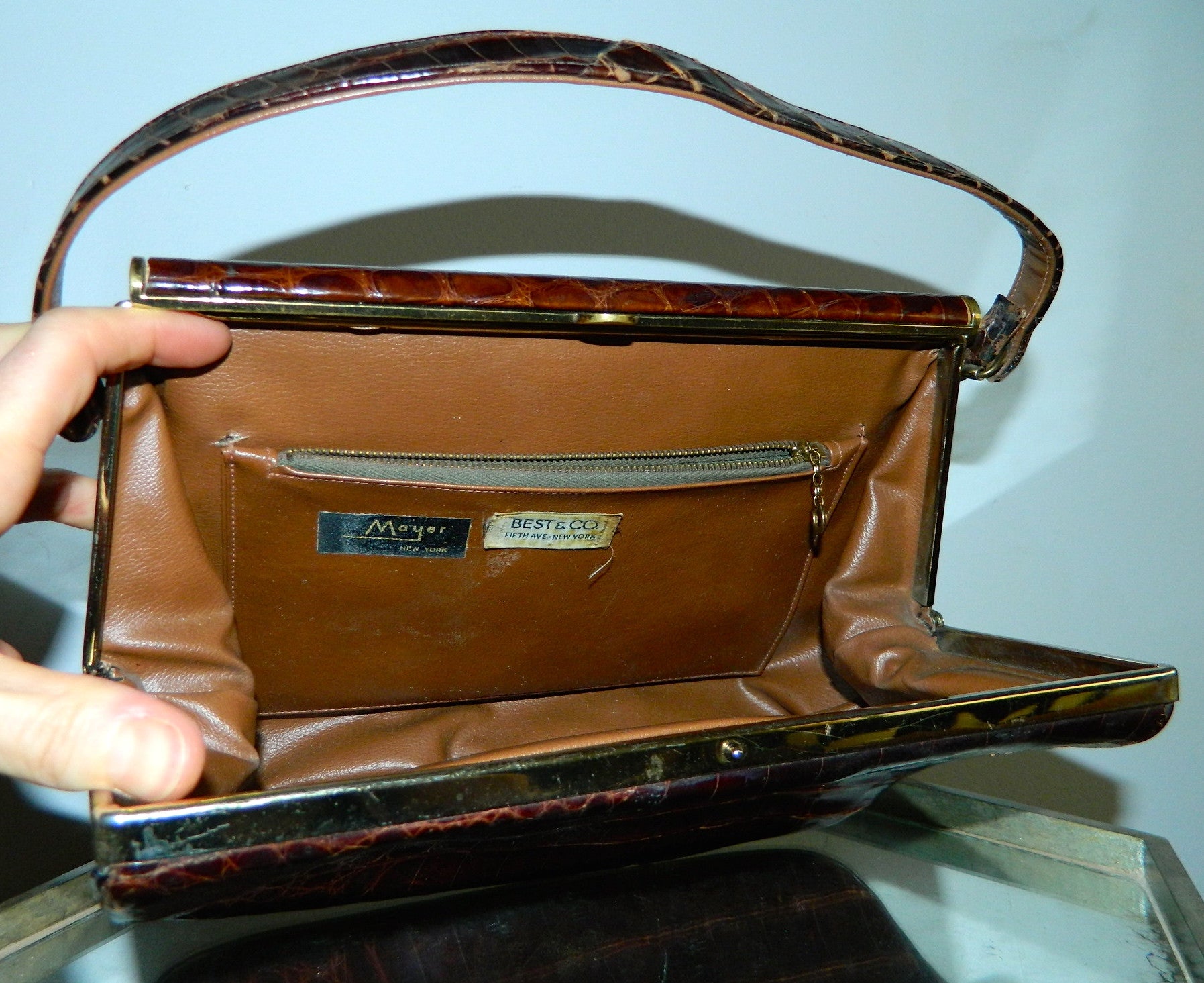 vintage 1960s brown alligator handbag Mayer New York gator bag purse
