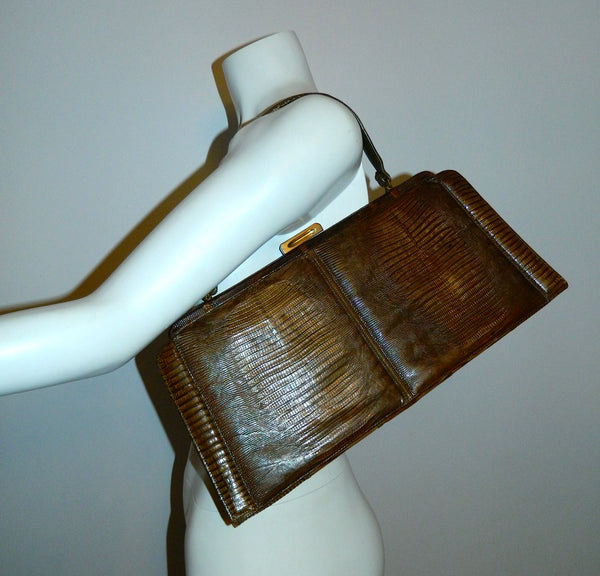 vintage brown TEGU lizard handbag Palizzio 1960s purse