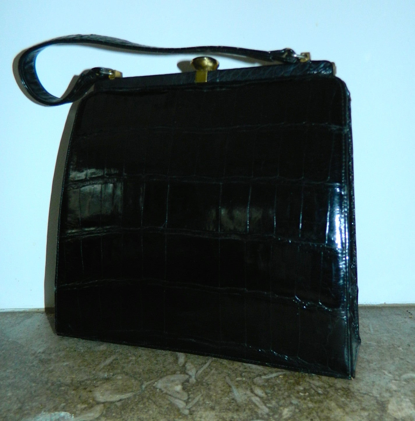 Fantastic 1950s Bellstone large glossy black Crocodile handbag
