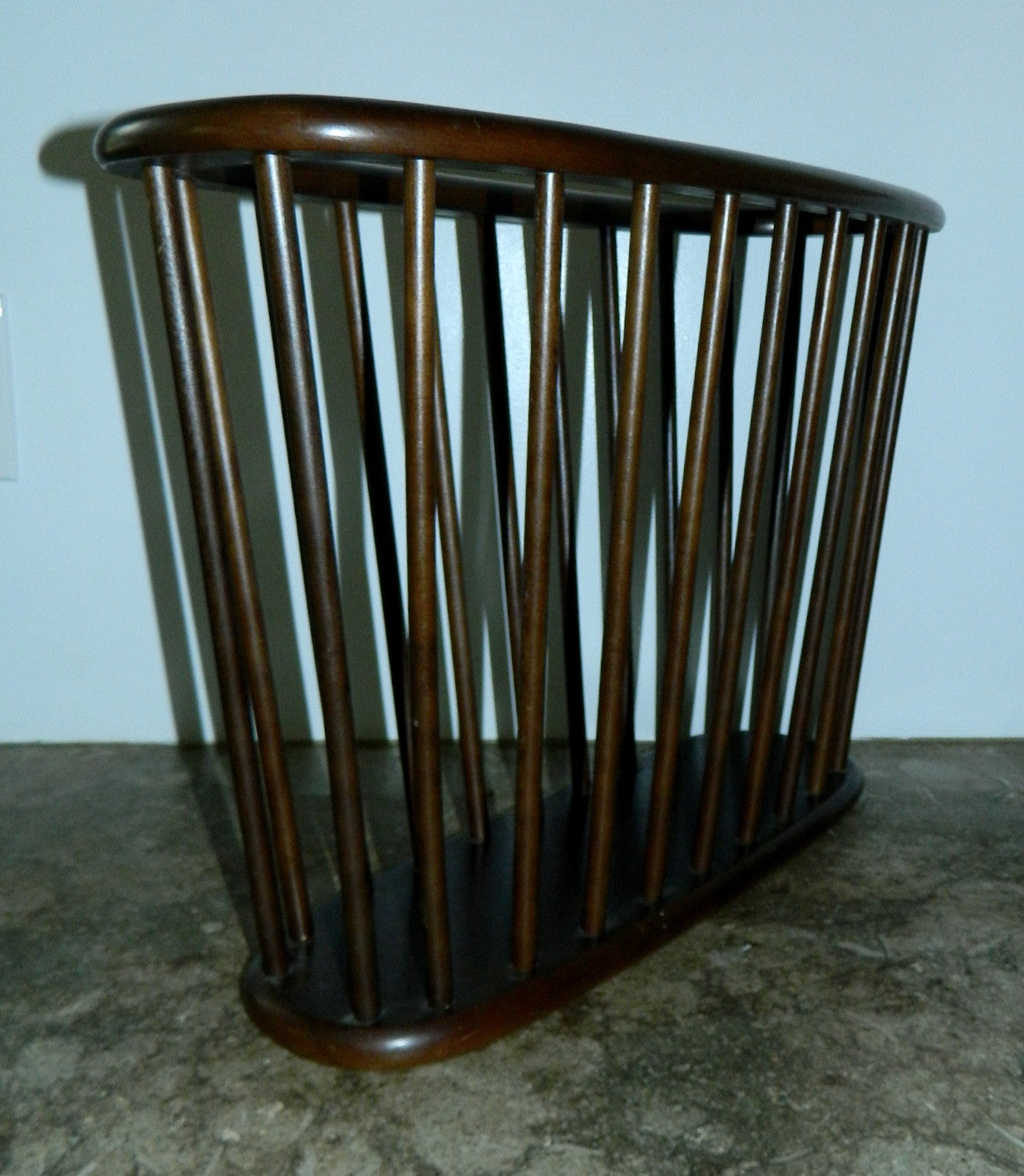 vintage MCM walnut magazine rack wood basket 1960s decor