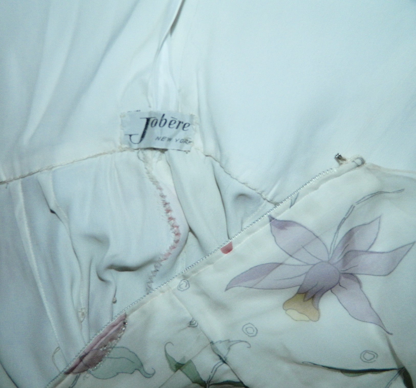 vintage 1950s silk chiffon beaded dress Jobere New York floral print wedding gown M