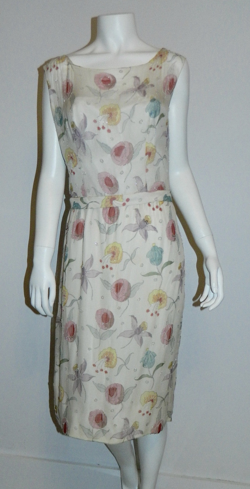 vintage 1950s silk chiffon beaded dress Jobere New York floral print wedding gown M