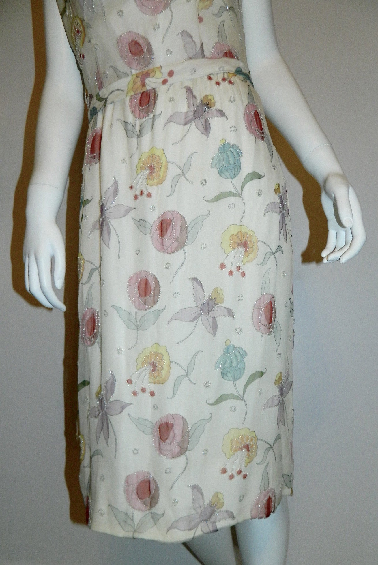 vintage 1950s silk chiffon beaded dress Jobere New York floral print wedding gown M