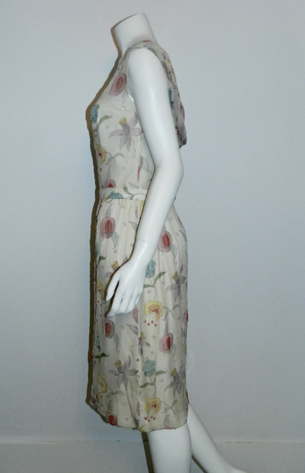 vintage 1950s silk chiffon beaded dress Jobere New York floral print wedding gown M