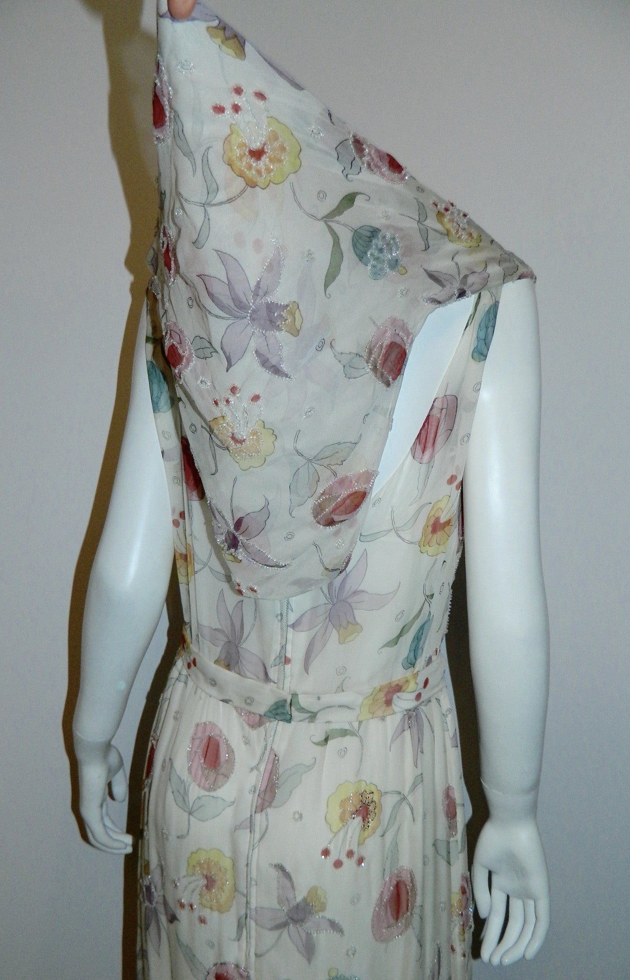 vintage 1950s silk chiffon beaded dress Jobere New York floral print wedding gown M