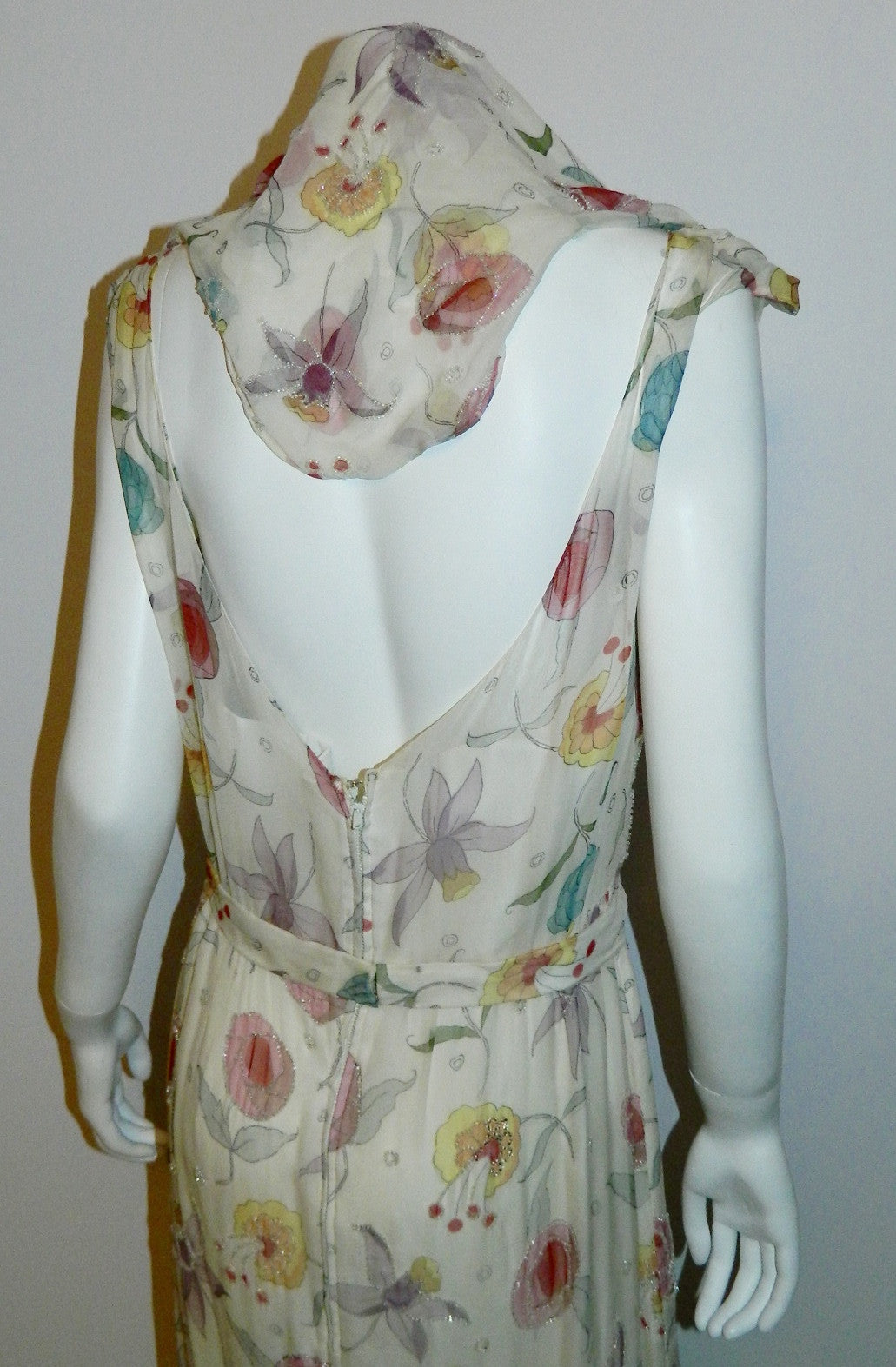 vintage 1950s silk chiffon beaded dress Jobere New York floral print wedding gown M