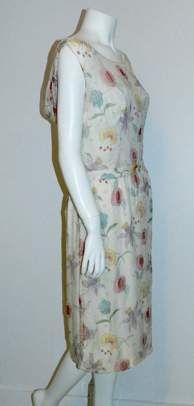 vintage 1950s silk chiffon beaded dress Jobere New York floral print wedding gown M