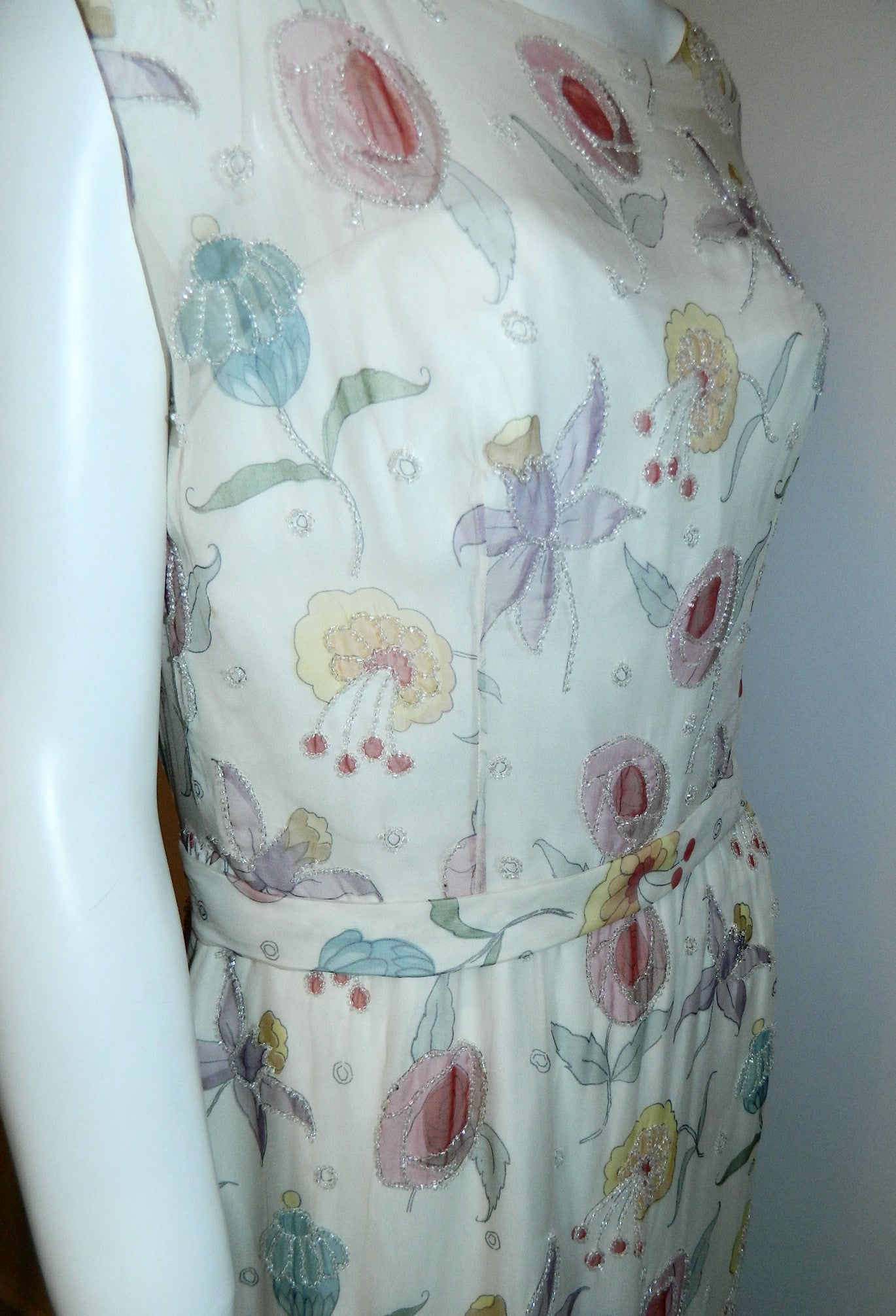 vintage 1950s silk chiffon beaded dress Jobere New York floral print wedding gown M