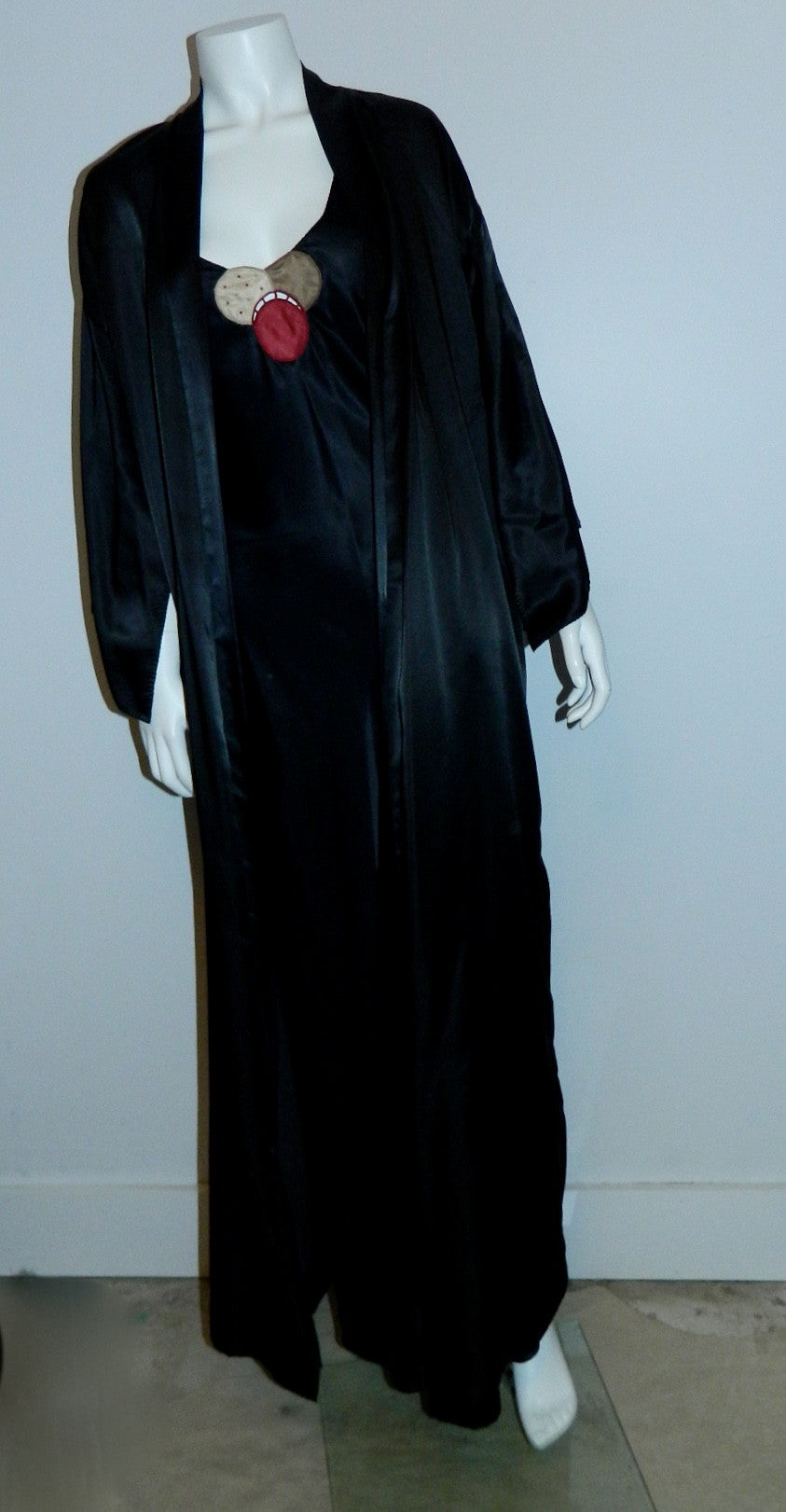 black satin Ora Feder nightgown robe peignoir set / hand embroidery / 1970s vintage