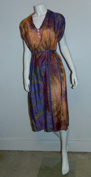 purple sunset SILK Hand Dyed poets dress / vintage 1970S Hippie / artist made OOAK