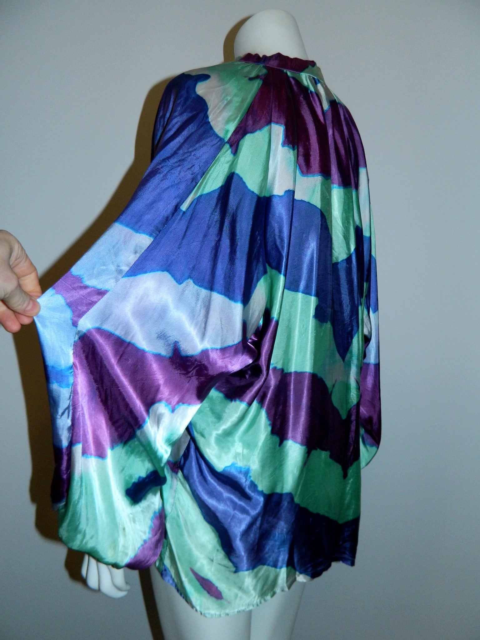 purple waves satin blouse / 1970s hand dyed vintage top / artist made OOAK