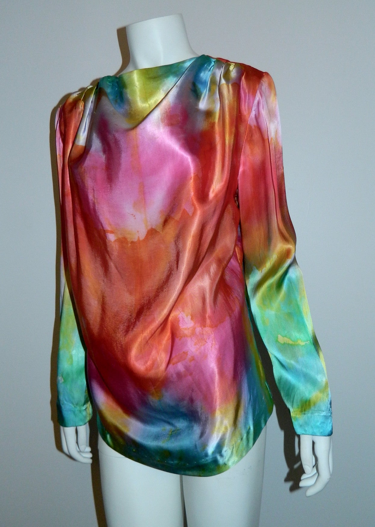 vintage 1970s satin rainbow blouse / hand dyed rayon / button back OOAK