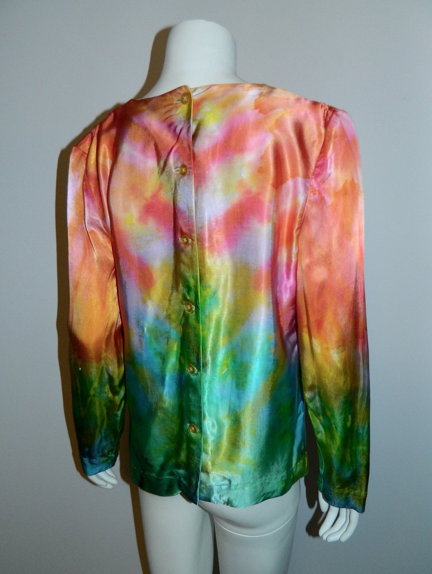 vintage 1970s satin rainbow blouse / hand dyed rayon / button back OOAK