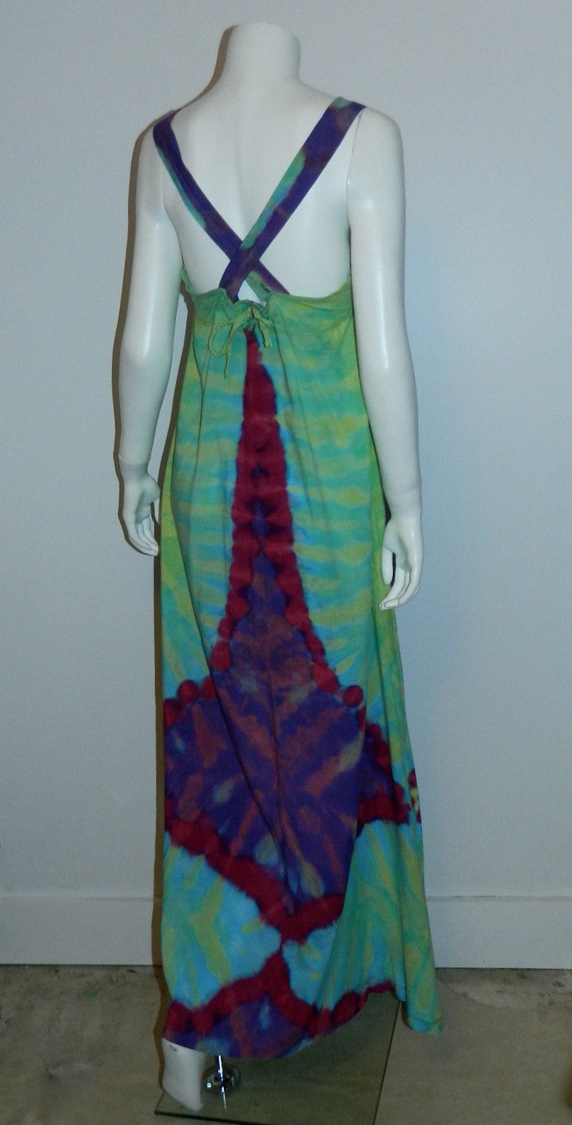 vintage 1970s TIE DYE rayon maxi dress / apron dress / overall strap gown XS - S