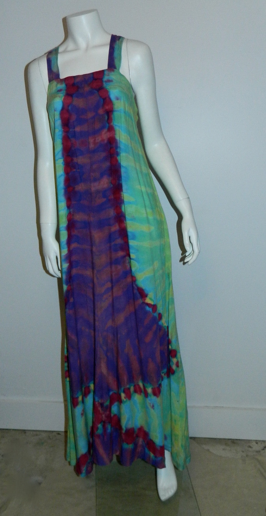 vintage 1970s TIE DYE rayon maxi dress / apron dress / overall strap gown XS - S