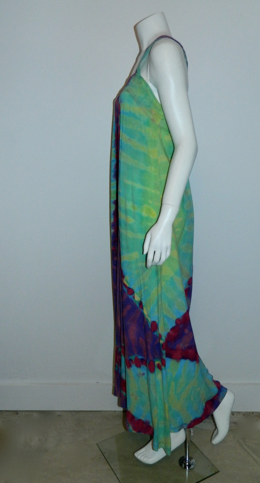 vintage 1970s TIE DYE rayon maxi dress / apron dress / overall strap gown XS - S