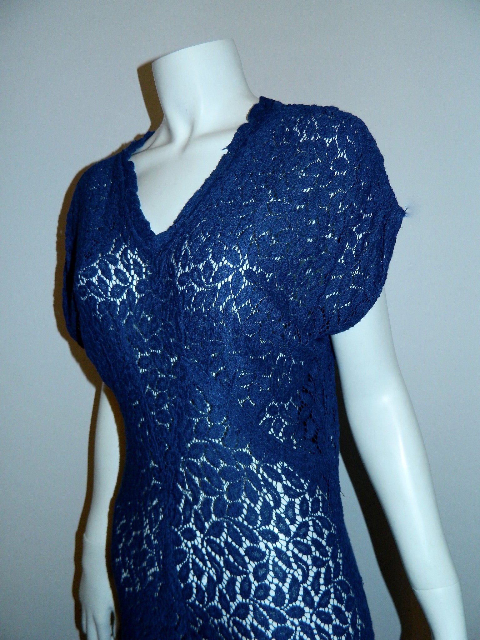 vintage 1930s lace dress cobalt blue sheer floral Deco overdress OSFM