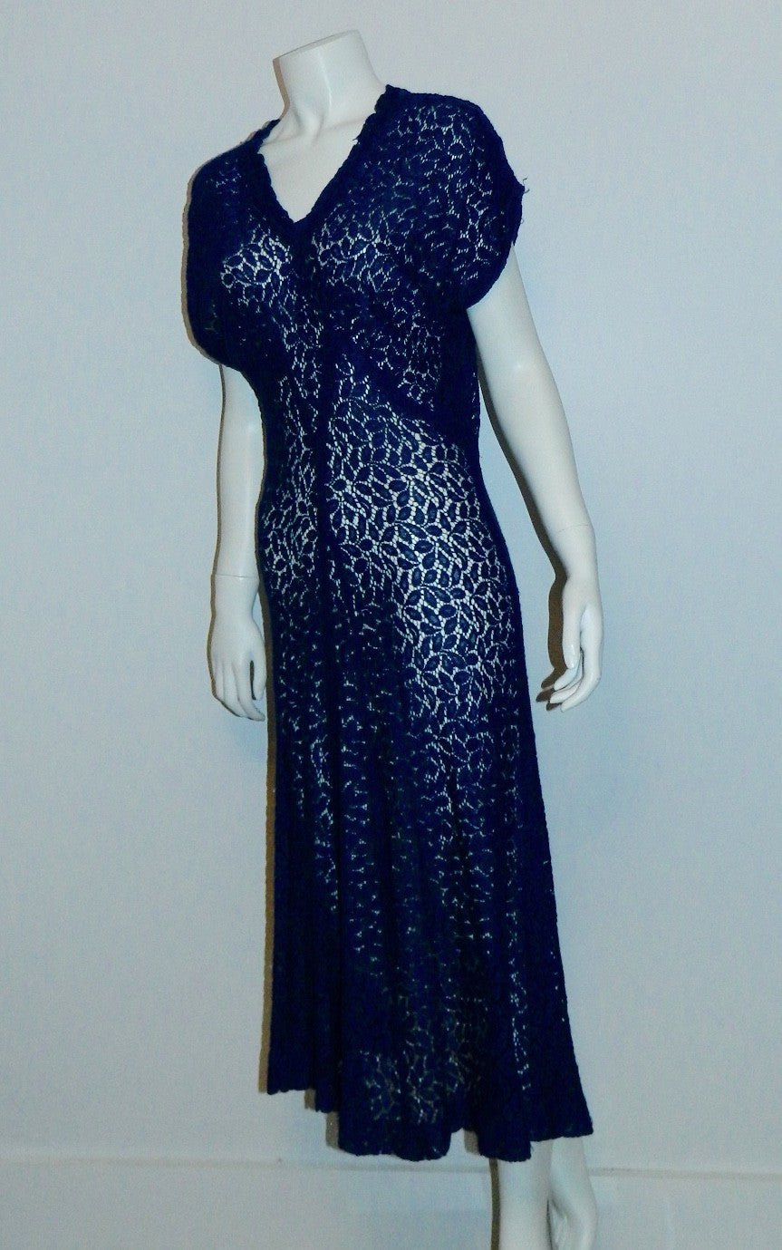 vintage 1930s lace dress cobalt blue sheer floral Deco overdress OSFM Retro Trend Vintage vintage 1930s lace dress cobalt blue sheer floral Deco overdress OSFM Retro Trend Vintage
