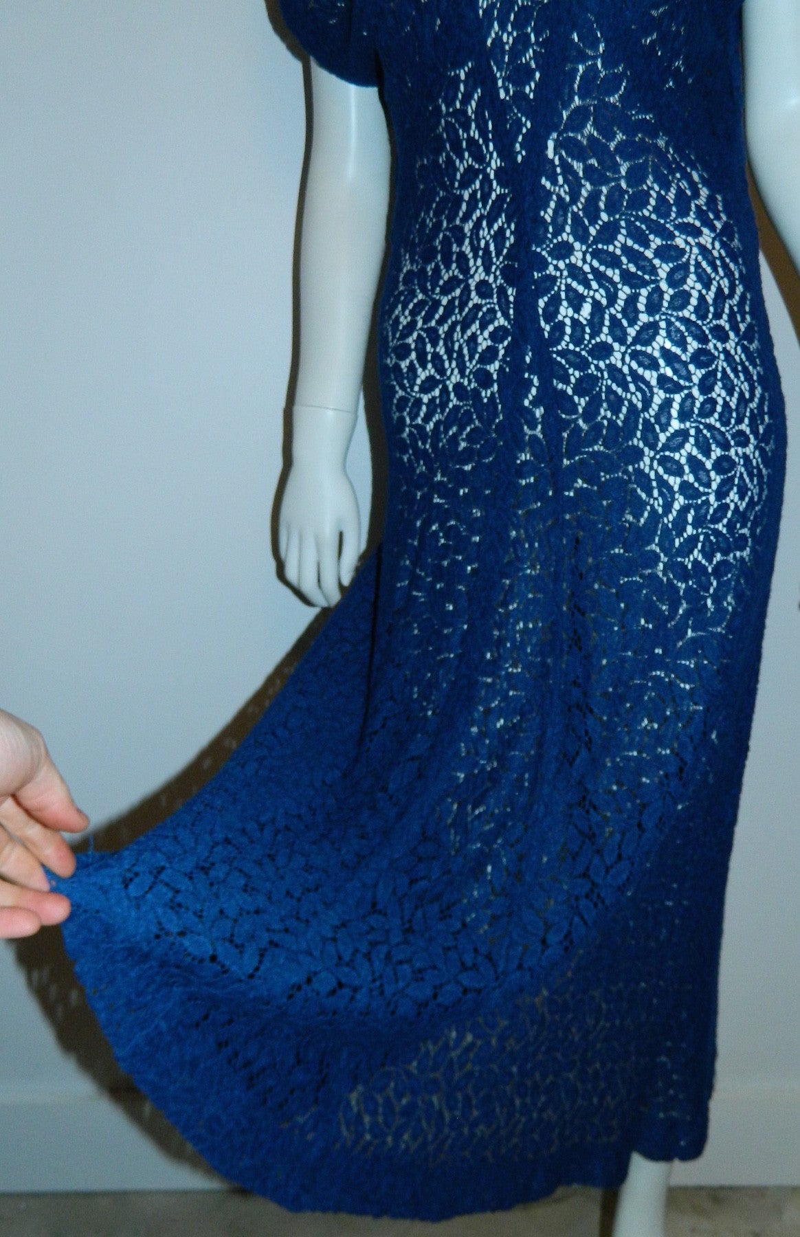vintage 1930s lace dress cobalt blue sheer floral Deco overdress OSFM