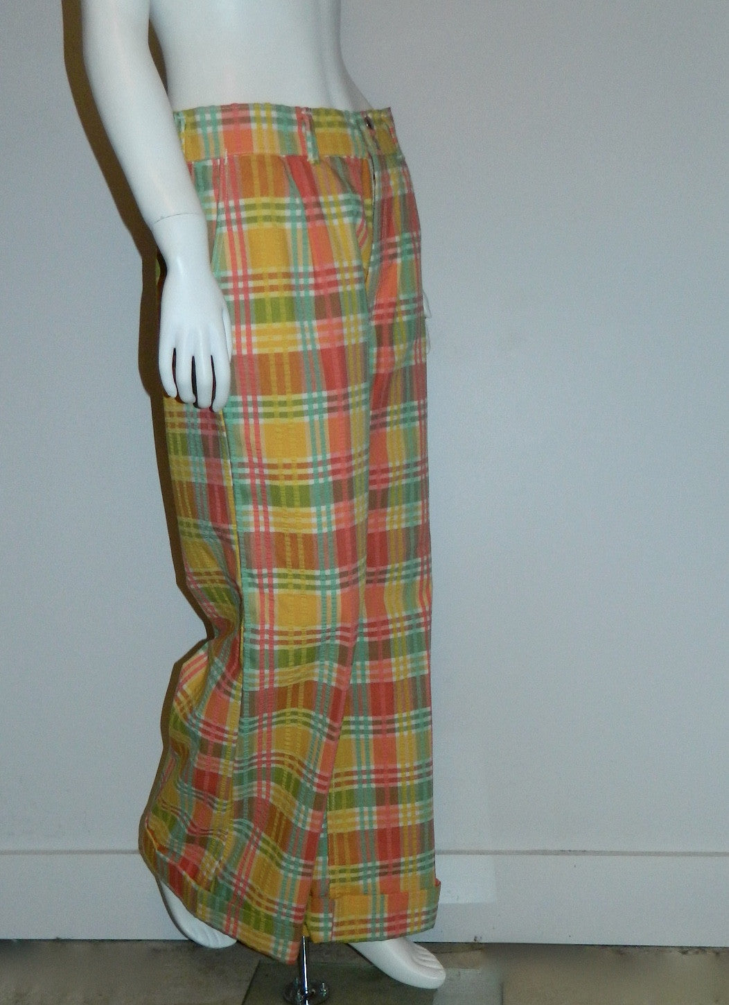vintage plaid seersucker pants / 1970s pastel Wrangler jeans / wide leg cuffed trousers
