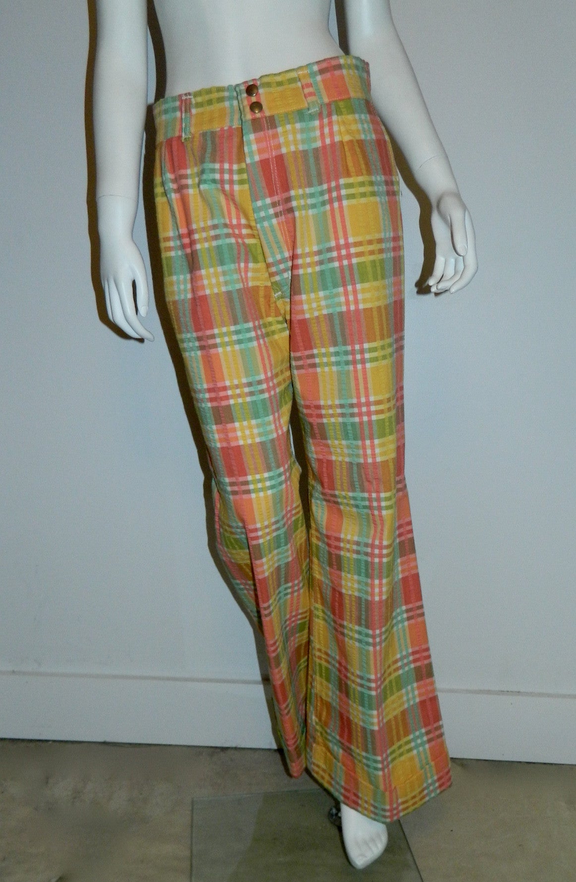 vintage plaid seersucker pants / 1970s pastel Wrangler jeans / wide leg cuffed trousers