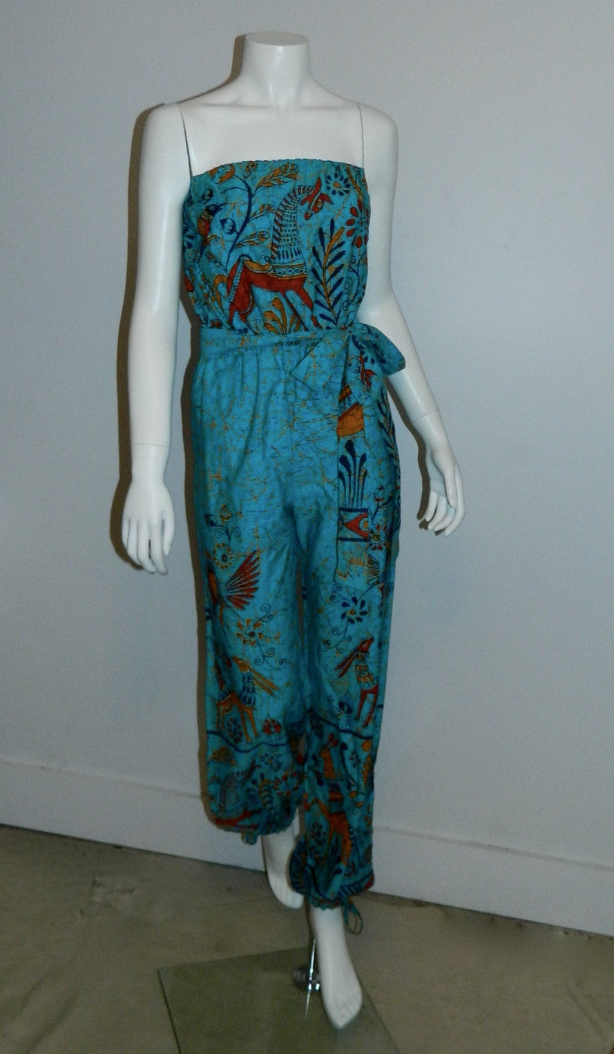 vintage BATIK jumpsuit / strapless romper / aqua blue bird print XS - S by Telas Escalera