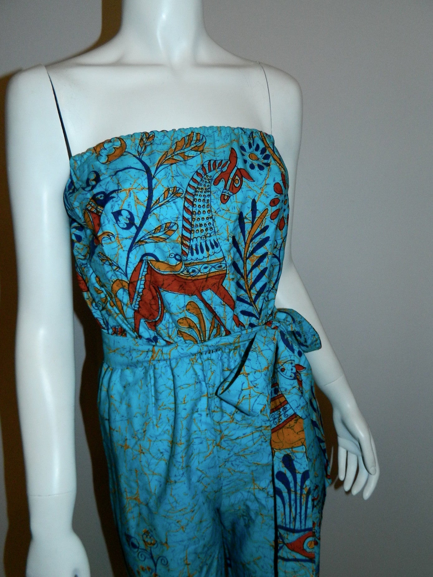 vintage BATIK jumpsuit / strapless romper / aqua blue bird print XS - S by Telas Escalera