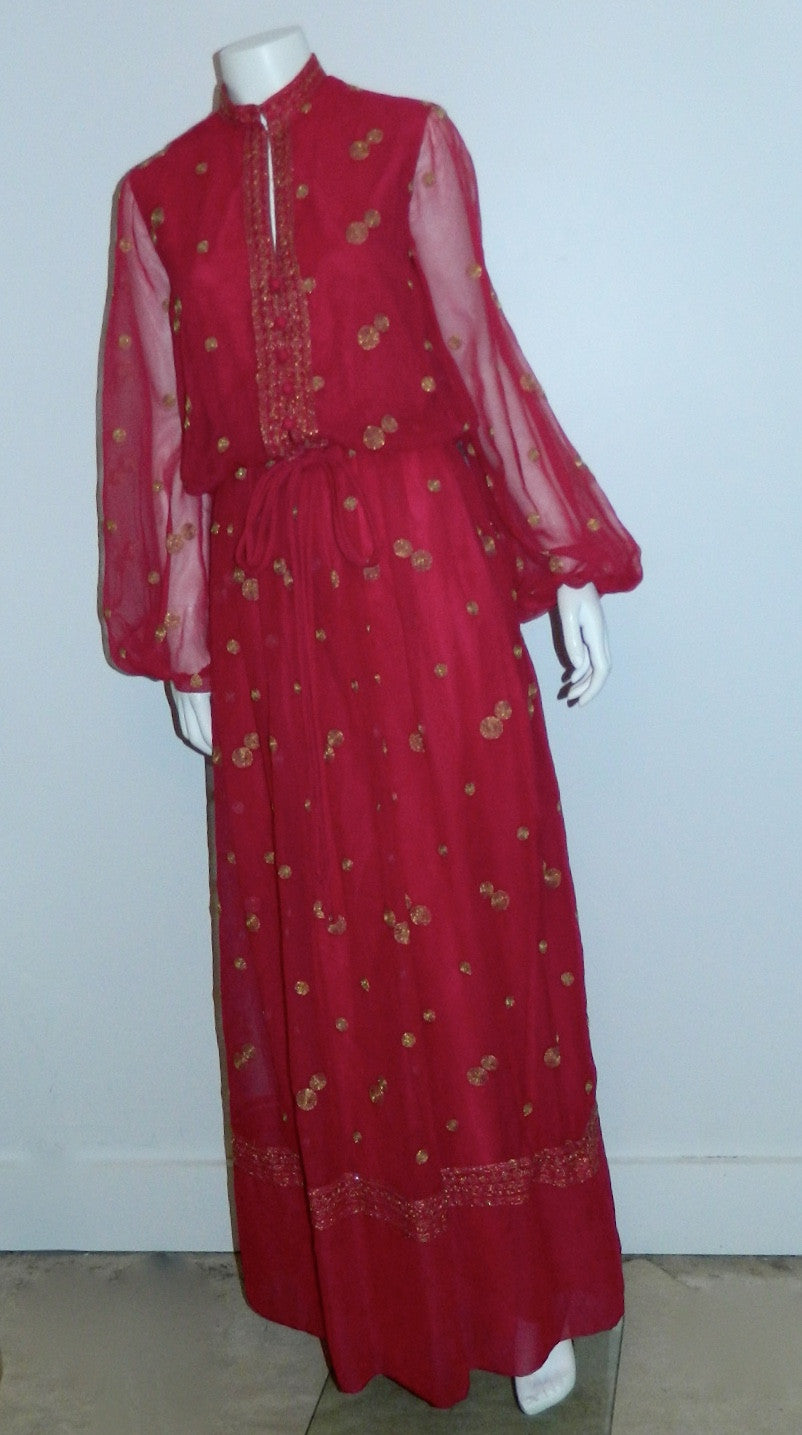 vintage 1970s Boho gown / magenta chiffon Jack Bryan maxi dress / gold embroidery XS - S