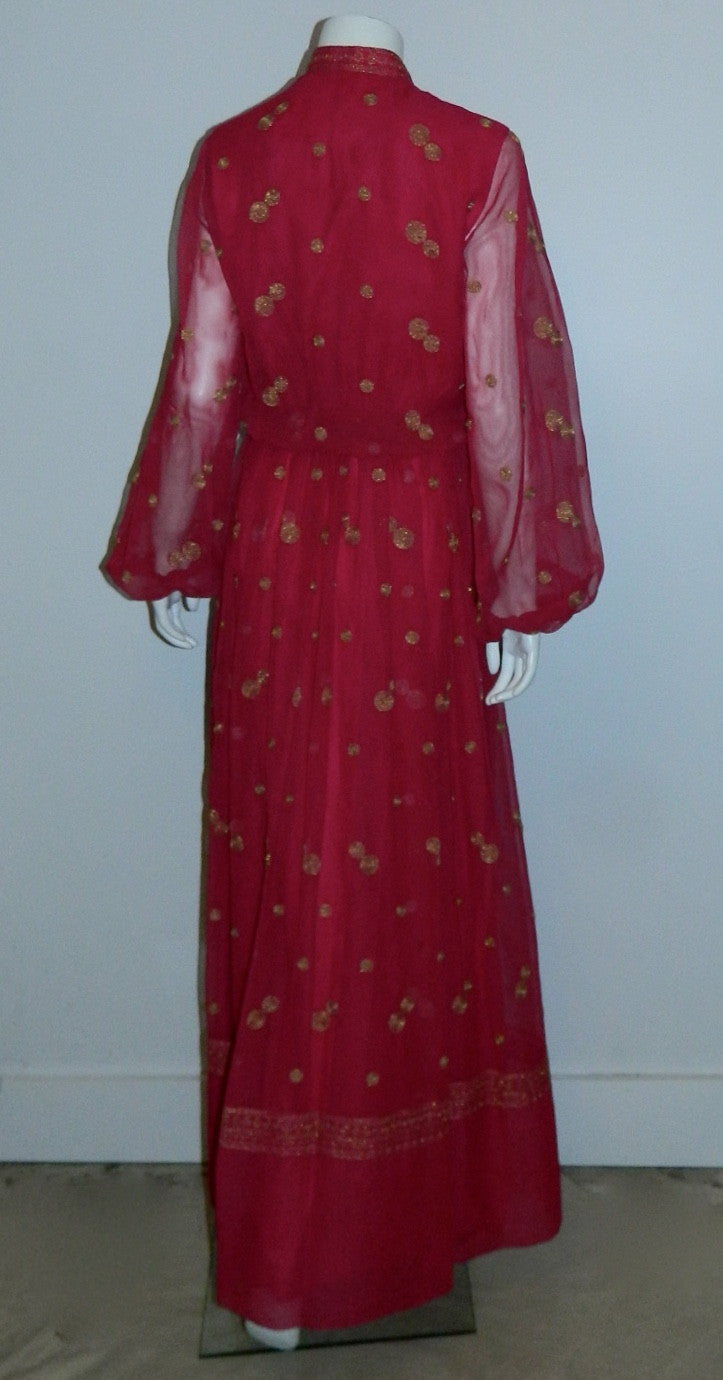 vintage 1970s Boho gown / magenta chiffon Jack Bryan maxi dress / gold embroidery XS - S