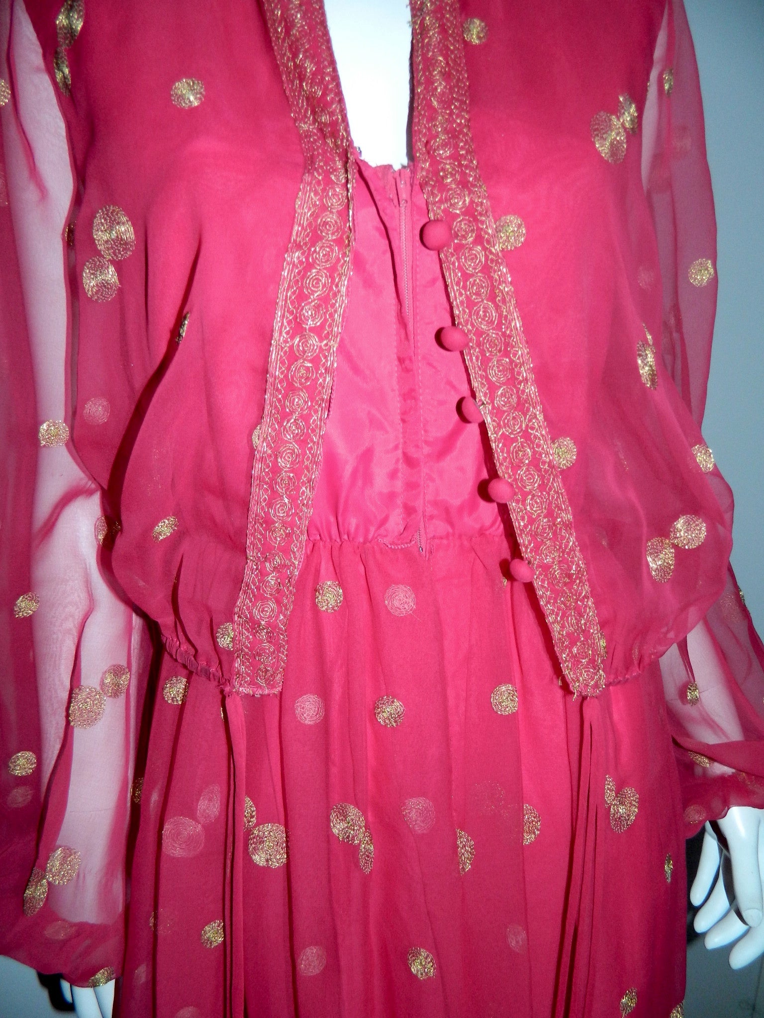 vintage 1970s Boho gown / magenta chiffon Jack Bryan maxi dress / gold embroidery XS - S