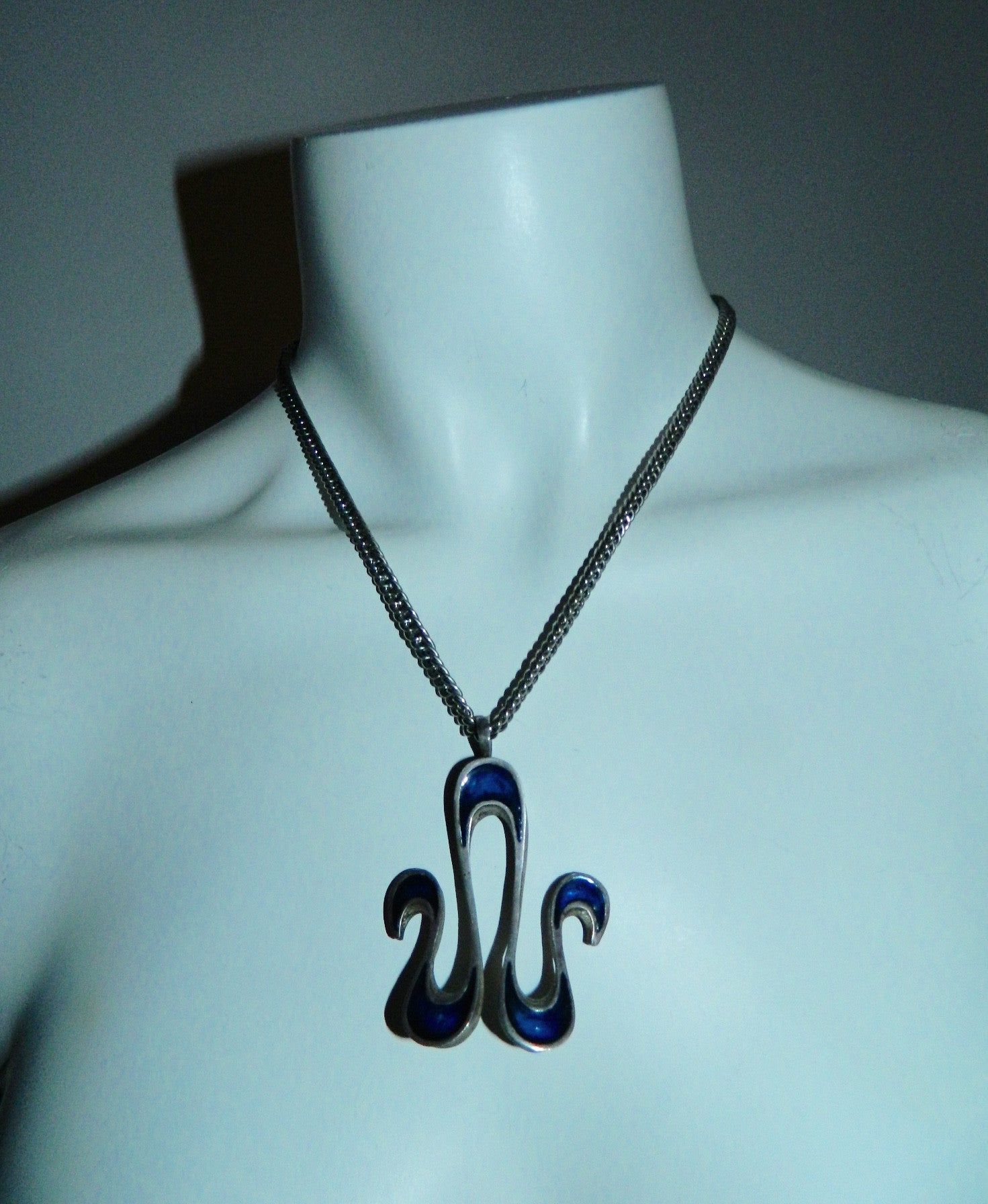 vintage 1960s enamel necklace / Aries Zodiac sign Ram / blue waves pendant MCM
