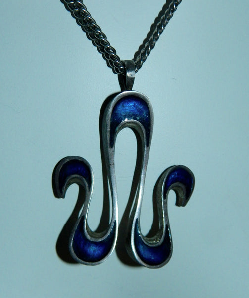 vintage 1960s enamel necklace / Aries Zodiac sign Ram / blue waves pendant MCM