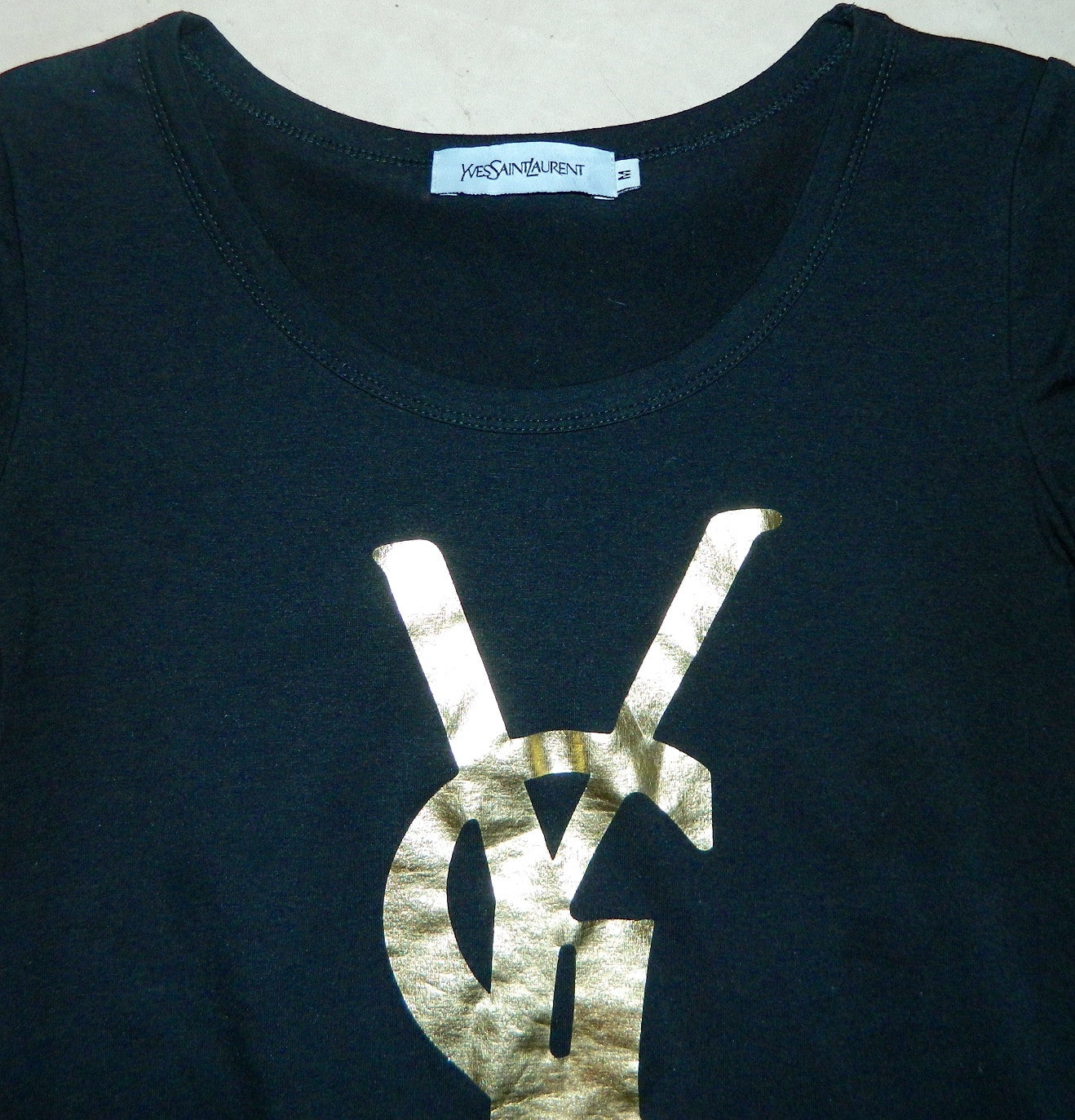 black Yves Saint Laurent tee shirt / YSL gold logo top slim fit S - M