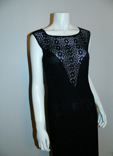 vintage 1960s column dress black lace Peek A Boo front gown XS