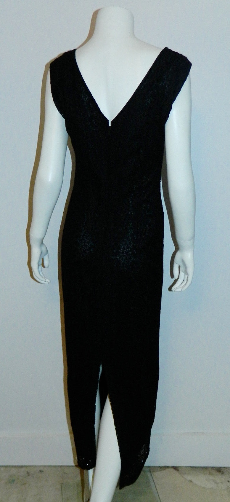 vintage 1960s column dress black lace Peek A Boo front gown XS