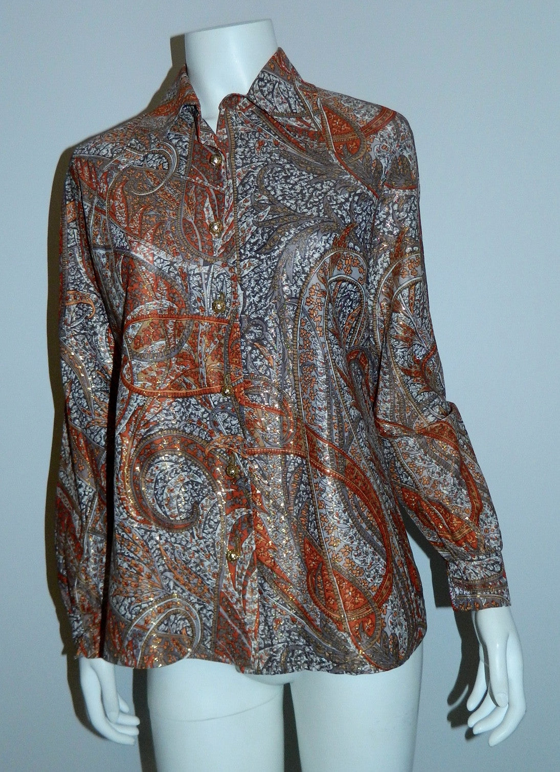 MOD vintage 1960s metallic paisley blouse GLAM earthtones S - M