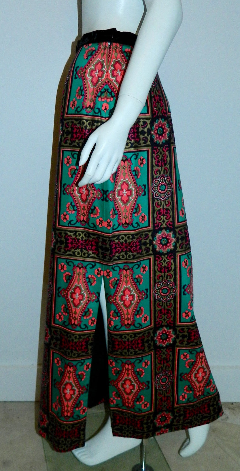 vintage Alex Coleman skirt / teal pink baroque frame print / wool side slit column skirt 1970s