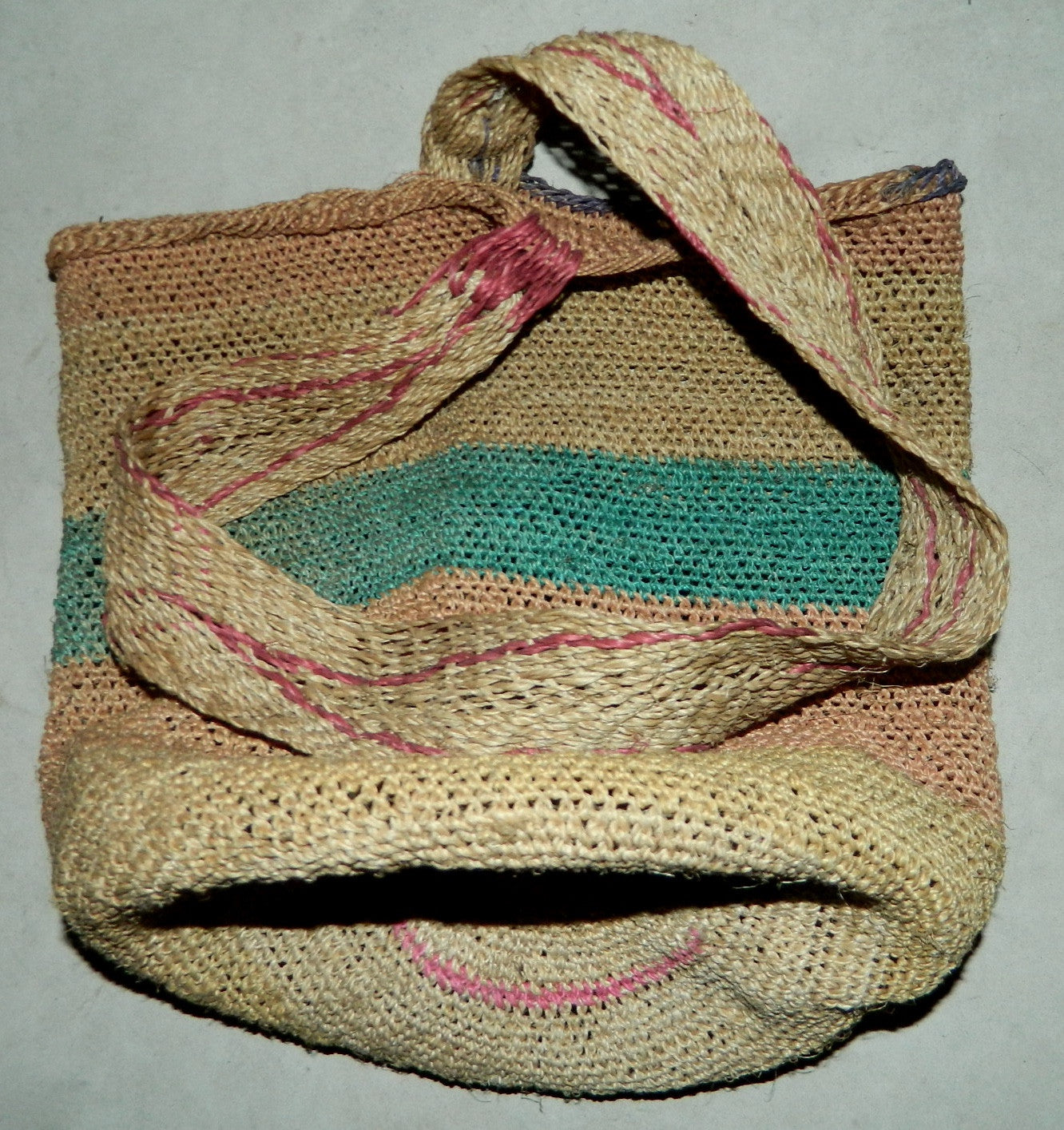 vintage 1940s striped seagrass tote / woven market basket bag