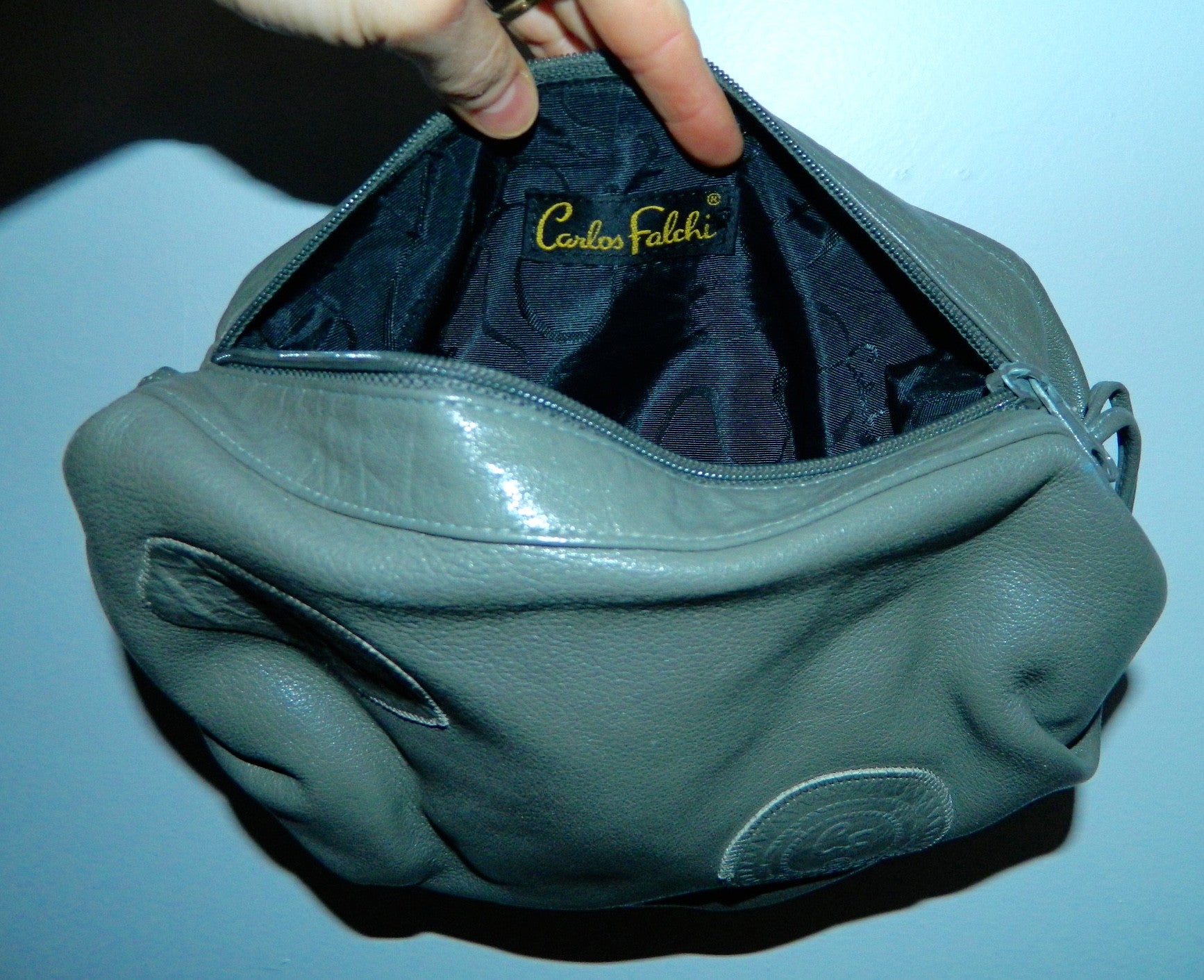 vintage 1970s leather purse gray Carlos Falchi barrel shoulder bag Buffalo leather