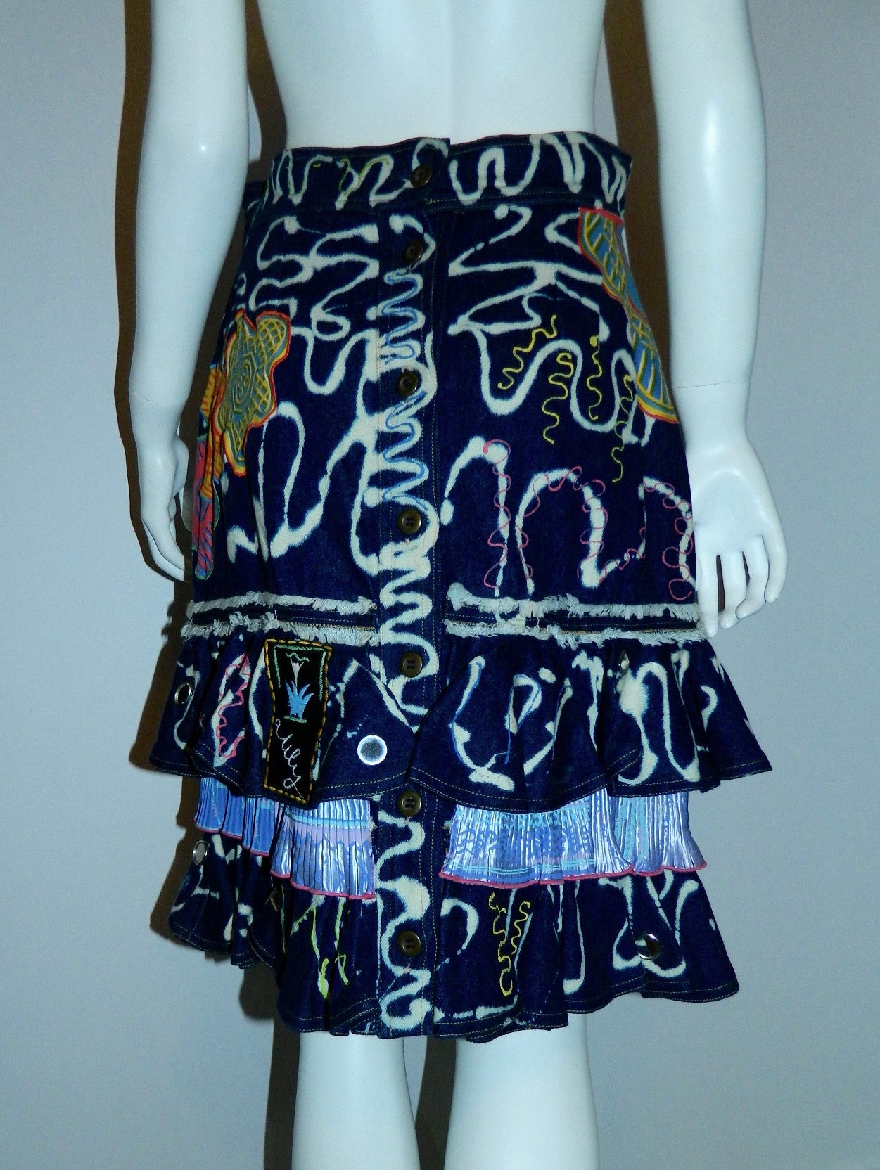 vintage Zandra Rhodes skirt 1980s bleached denim tiered hem appliqué US 10