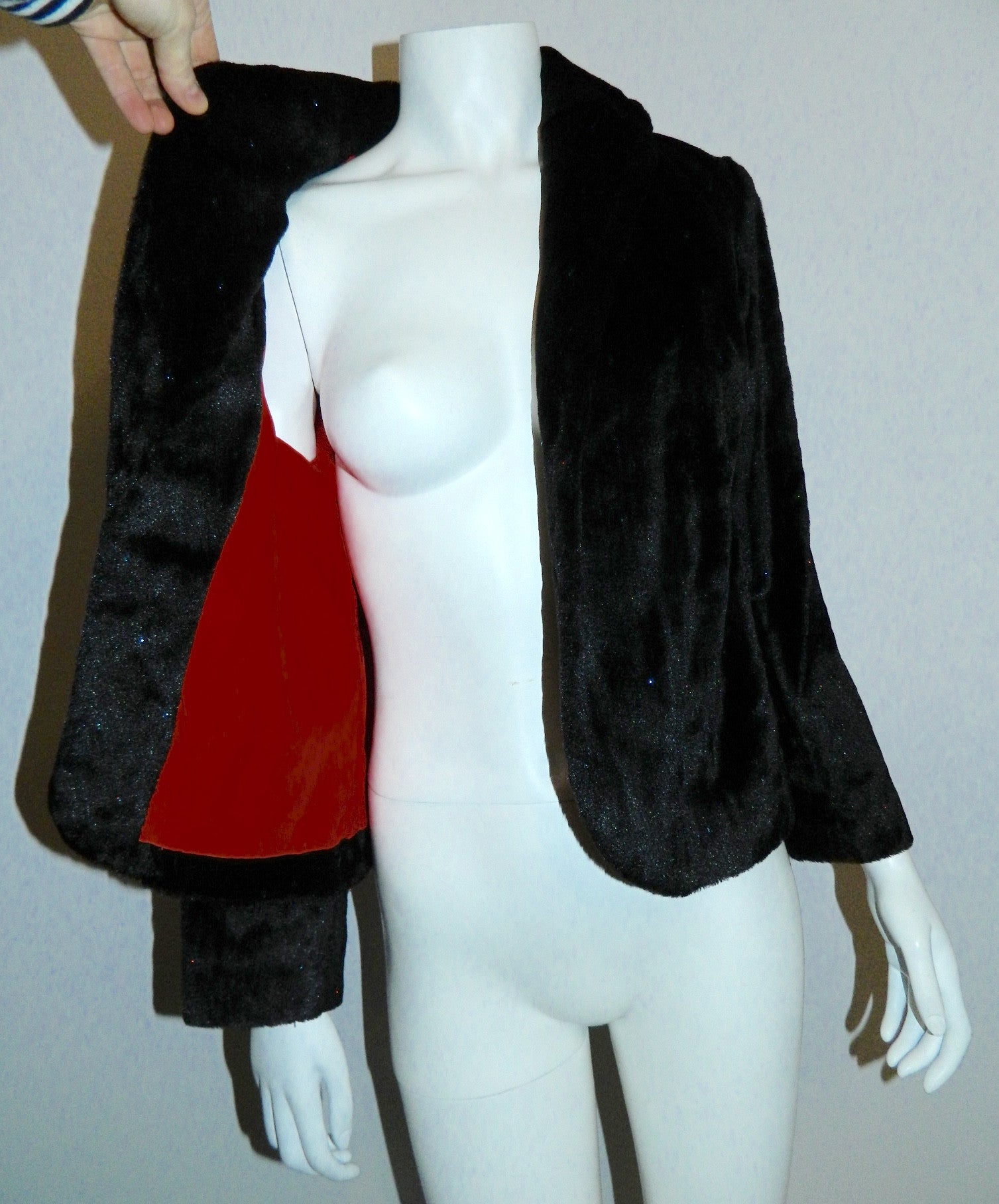 vintage 1950s faux fur jacket black velvet LUREX twinkle evening coat S