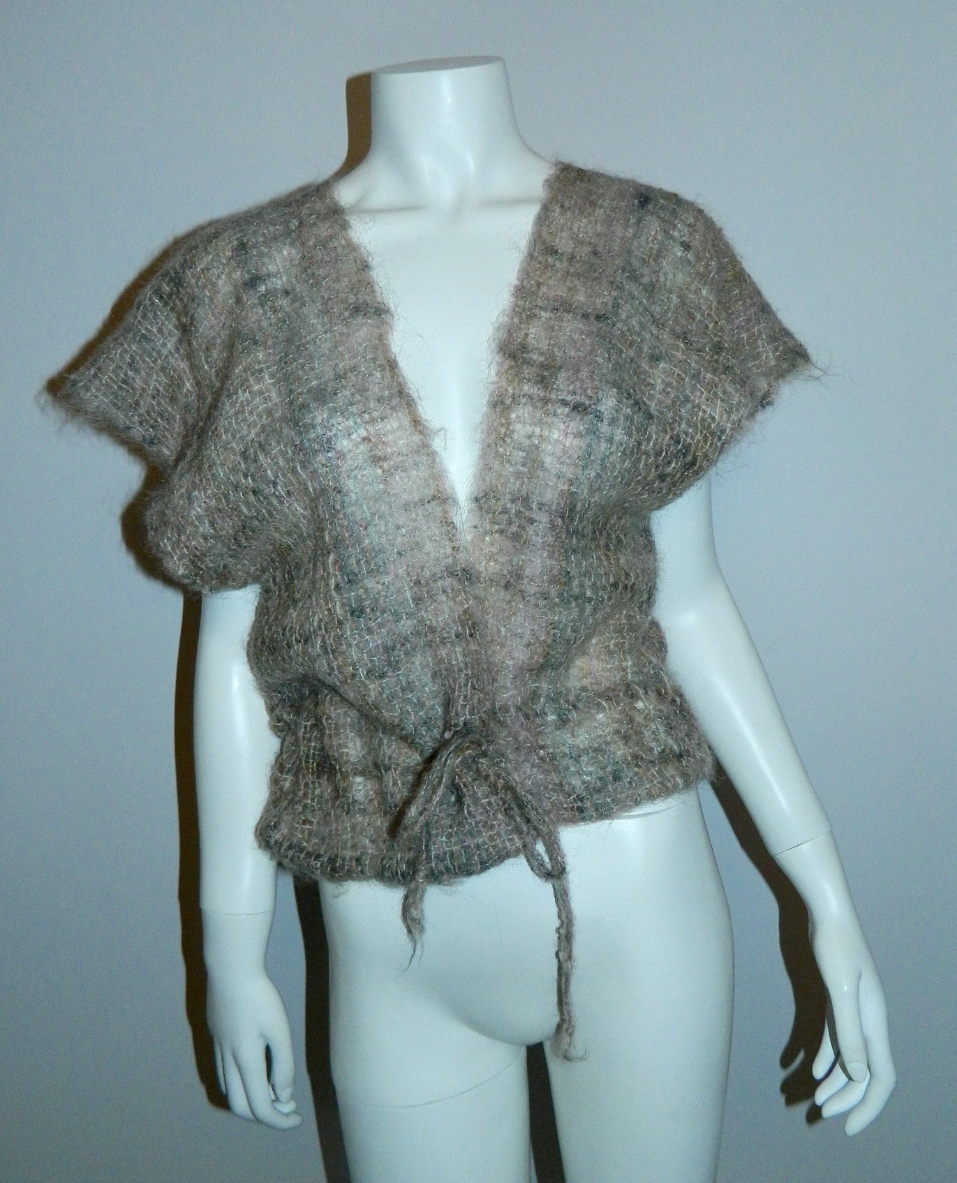vintage 1970s woven MOHAIR sweater / cap sleeve cardigan vest / backless shawl top
