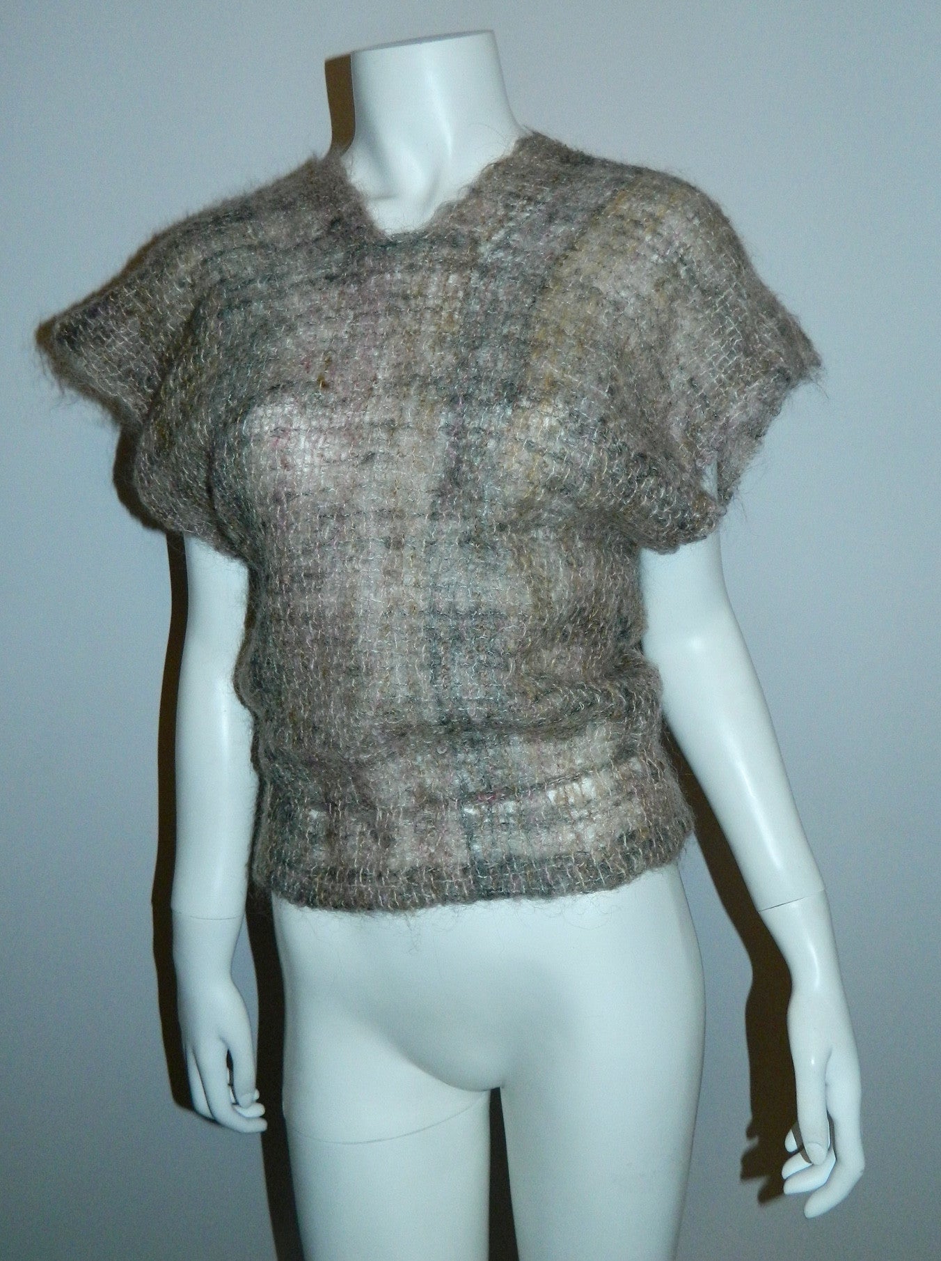 vintage 1970s woven MOHAIR sweater / cap sleeve cardigan vest / backless shawl top