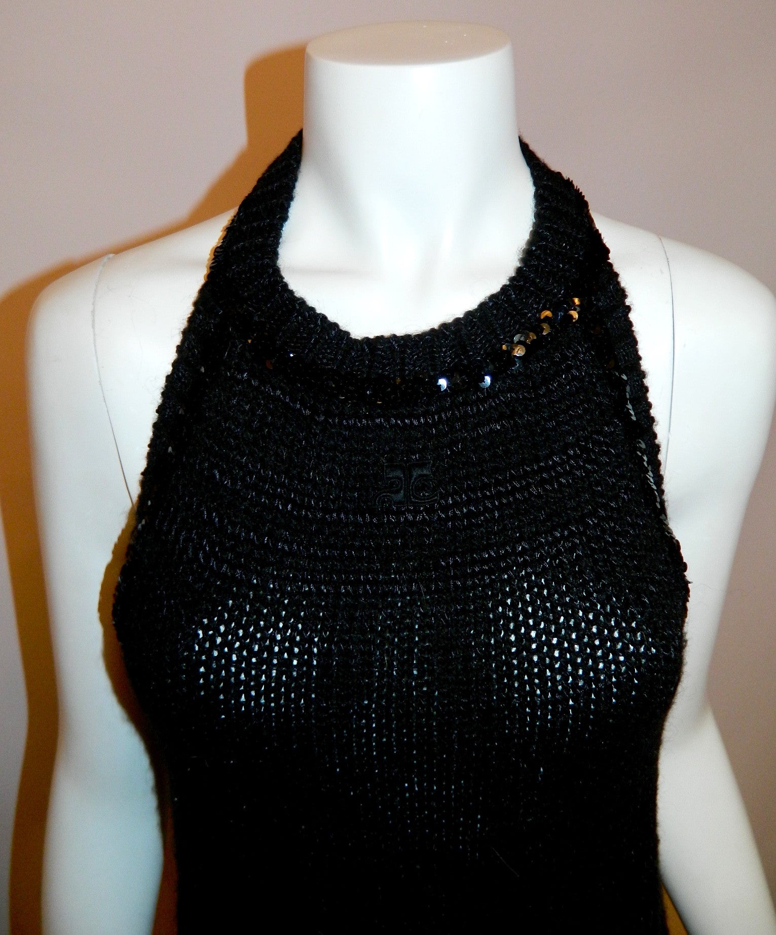 vintage COURREGES dress / 1960s MOD black crochet knit halter maxi gown XS