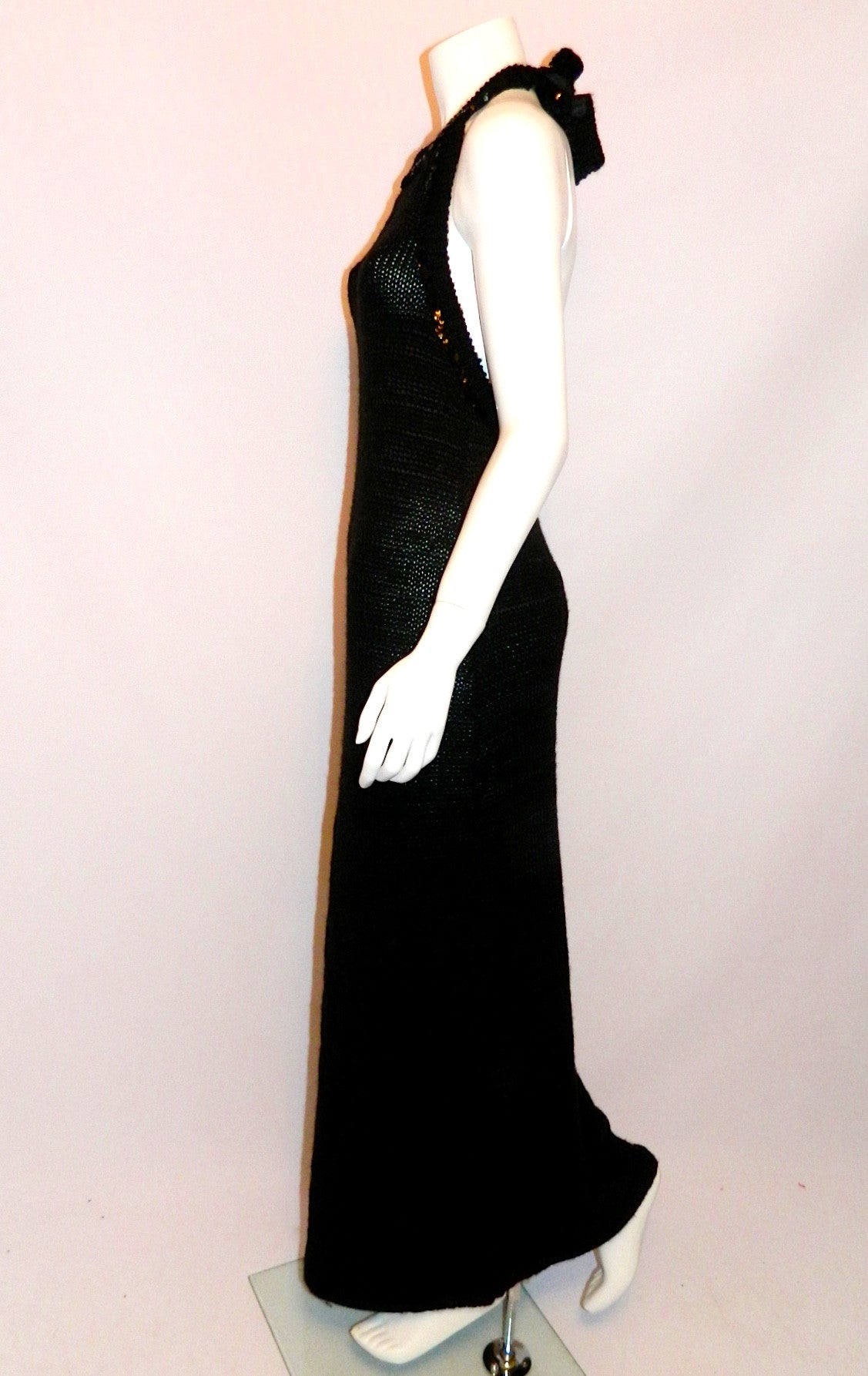 vintage COURREGES dress / 1960s MOD black crochet knit halter maxi gown XS